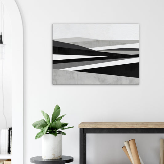 Landscape canvas with horizontal graphite, white, and grey lines, geometric blocks, and grids forming abstract shapes.
