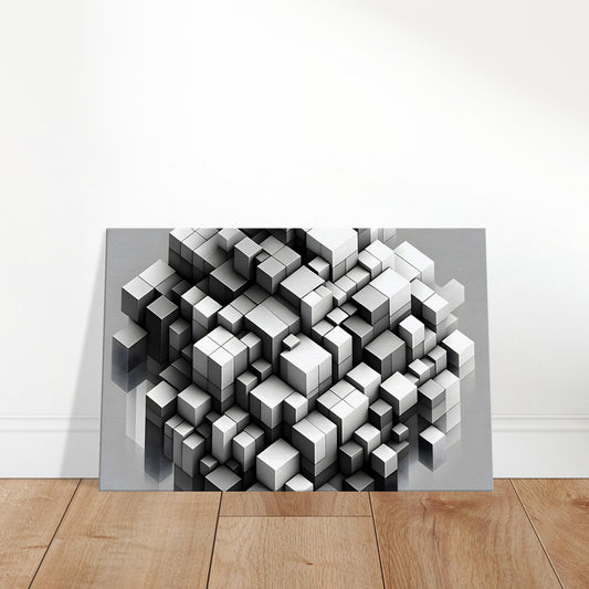 Abstract wall art featuring layered grayscale squares arranged to create a 3D cube effect on canvas.
