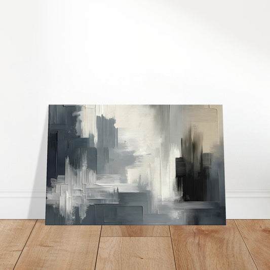 Abstract grayscale canvas featuring bold, textured brushstrokes that create a dynamic and expressive composition.