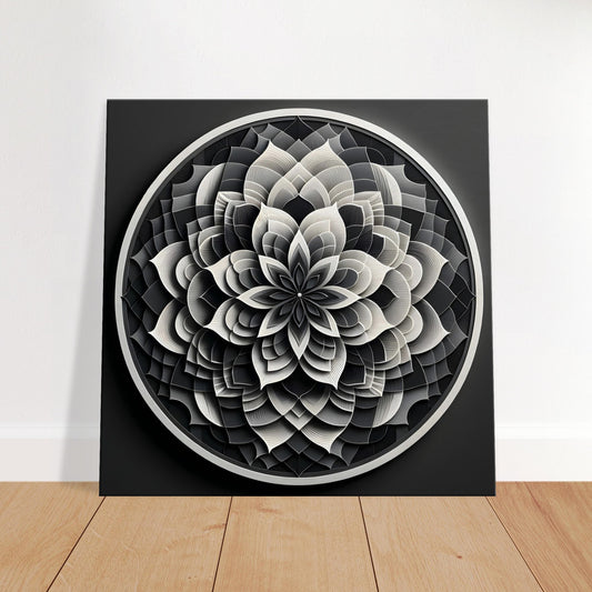 Mandala artwork in grayscale tones blending geometric and organic elements, offering subtle contrast and refined simplicity.