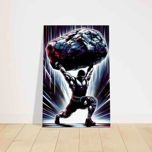 Pop art strongman lifting massive boulder with red and blue highlights in dark setting