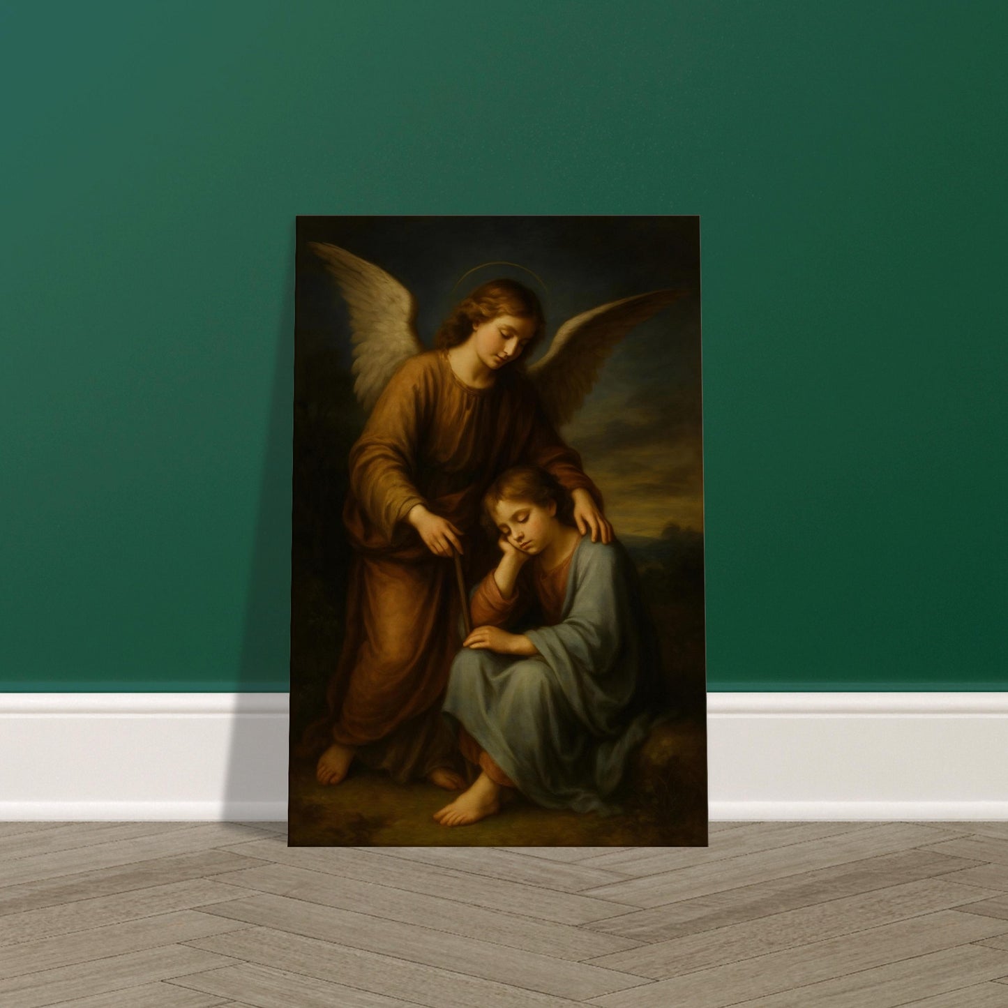 Angel standing protectively beside a child, glowing softly with golden aura, 2:3 portrait, displayed on premium canvas wall art print.