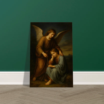 Angel standing protectively beside a child, glowing softly with golden aura, 2:3 portrait, displayed on premium canvas wall art print.