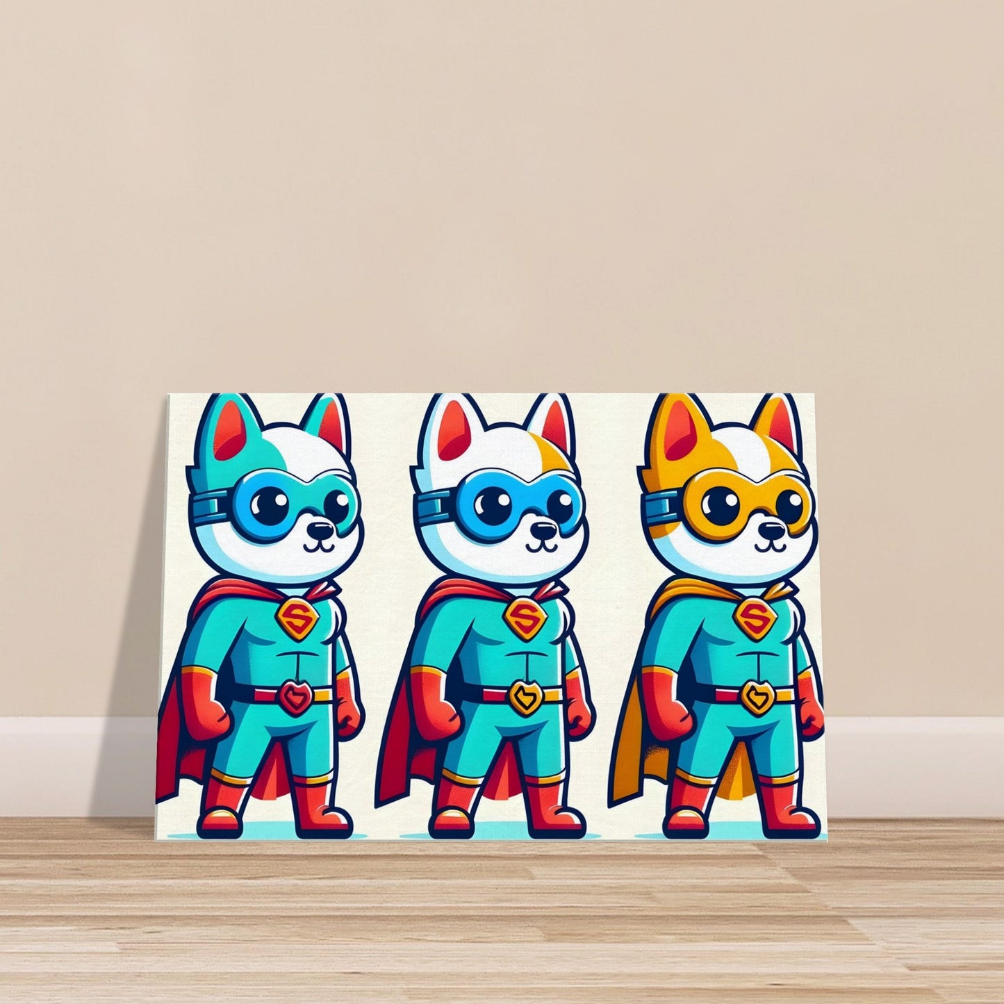 Canvas print featuring three cartoon superhero dogs in bold colors.