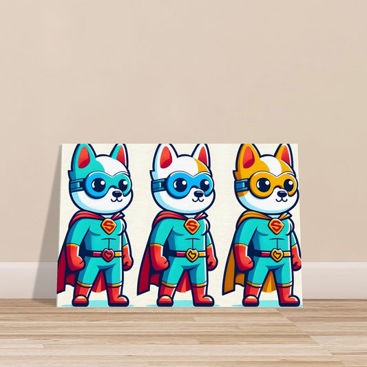 Canvas print featuring three cartoon superhero dogs in bold colors.