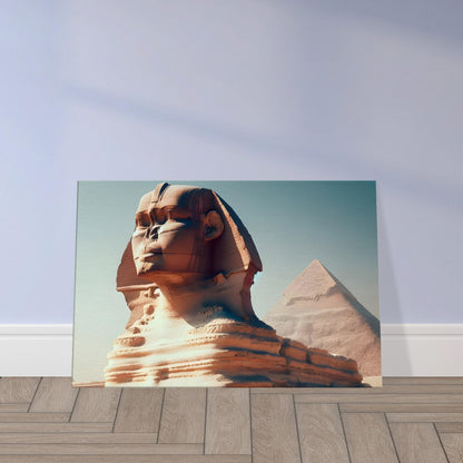 The Great Sphinx of Giza facing forward with pyramids in the background under a bright blue sky.