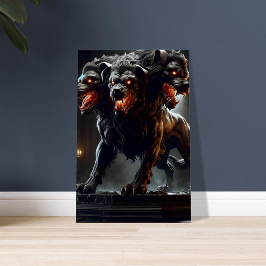 Mythical artwork of Cerberus with three snarling heads, glowing red eyes, and dark fur, standing before a torch-lit stone underworld gate.