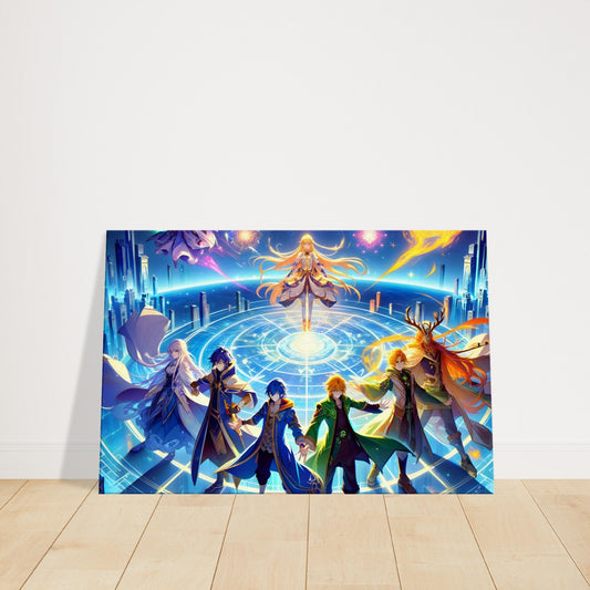 Artwork showing five anime-style celestial guardians in a dynamic group pose with glowing cosmic energy effects.