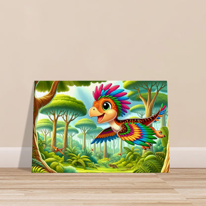 Cartoon-style brightly colored Microraptor gliding between trees in a dense prehistoric forest.