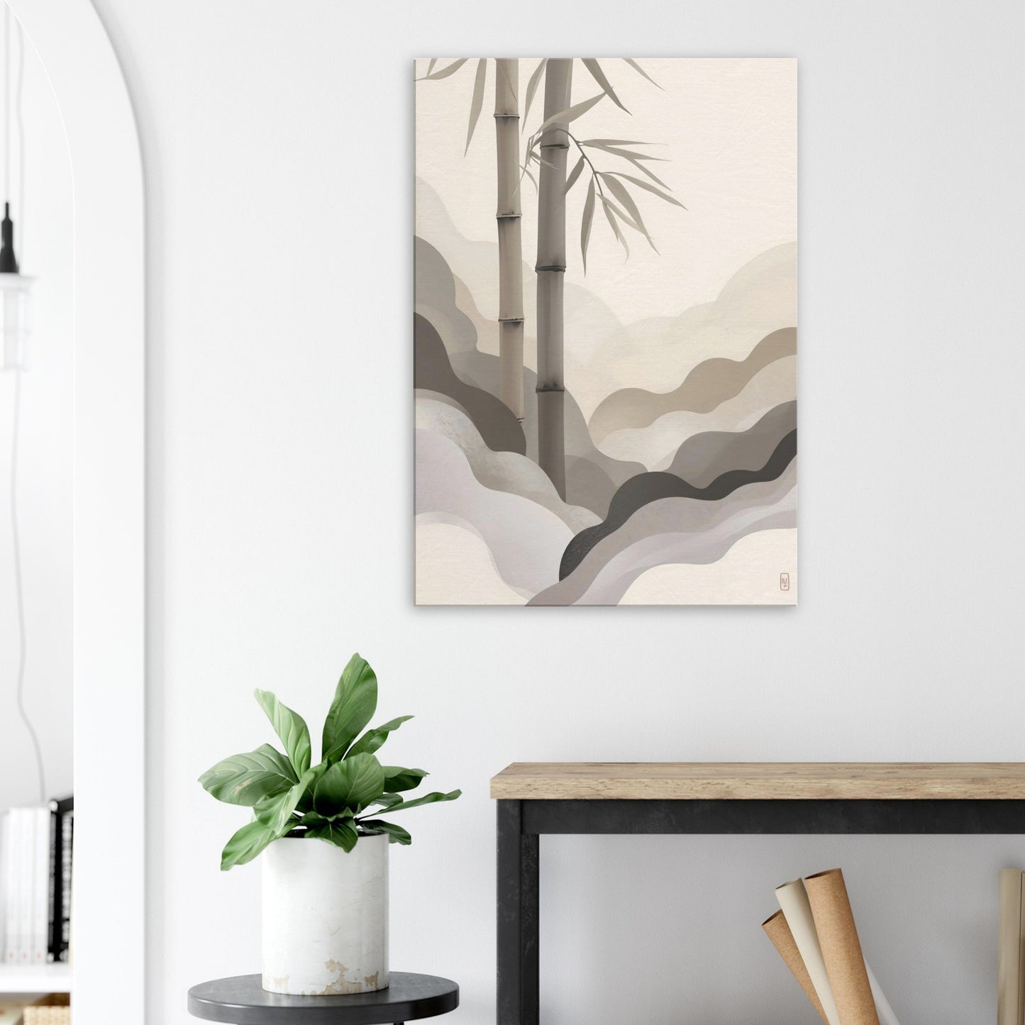 Portrait canvas with vertical muted bamboo, cream, pale taupe, and stone layers evoking Japandi calm.