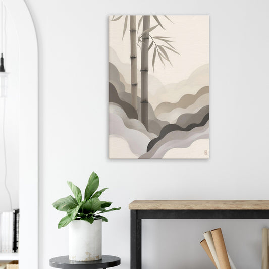 Portrait canvas with vertical muted bamboo, cream, pale taupe, and stone layers evoking Japandi calm.