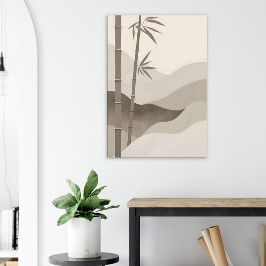 Portrait canvas with vertical muted bamboo, cream, pale taupe, and stone layers evoking Japandi calm.