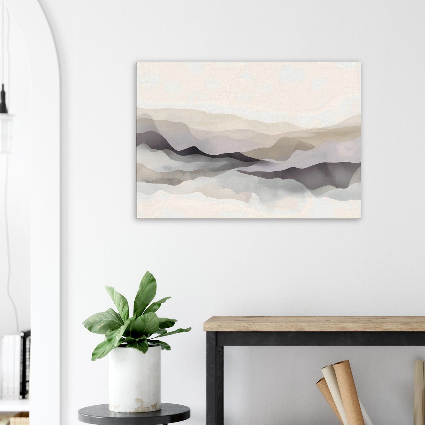 Landscape canvas with horizontal bamboo, taupe, cream, and stone layers evoking Japandi balance.