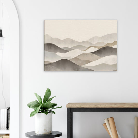 Landscape canvas with horizontal stone, bamboo, cream, and taupe layers evoking Japandi balance.