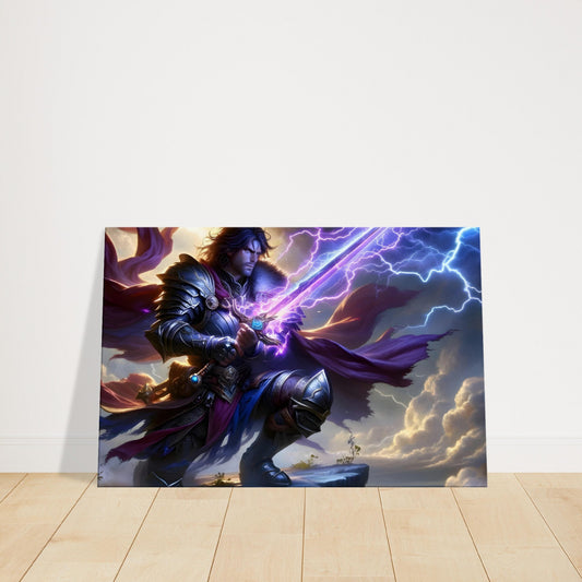 Warrior atop cliff channeling purple, blue, and pink lightning into glowing sword under a stormy sky.