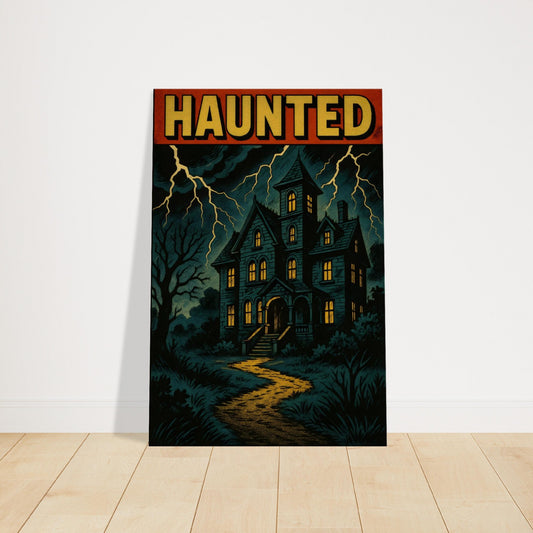 Vintage comic artwork of a haunted Victorian mansion at night with glowing windows and lightning in the sky.
