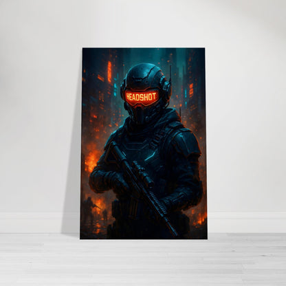 Futuristic sniper gamer wall art with glowing visor and holographic sighted weapon on fiery battlefield.