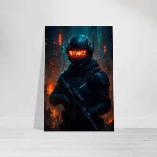 Futuristic sniper gamer wall art with glowing visor and holographic sighted weapon on fiery battlefield.
