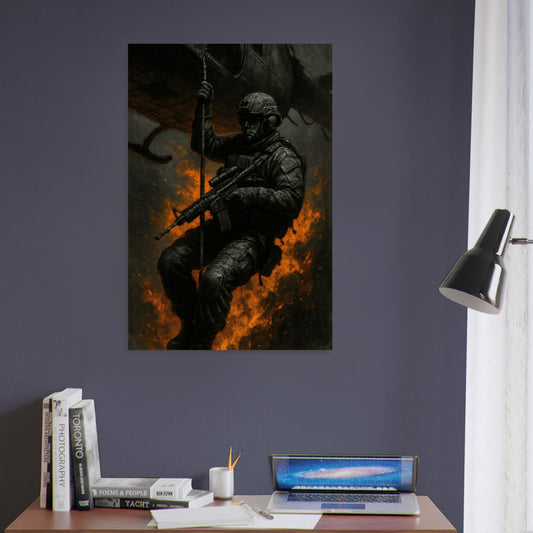 Epic wall art of a soldier hanging from a helicopter over flames. Rugged, action-heavy print with orange accent tones from the Warfare Division collection.