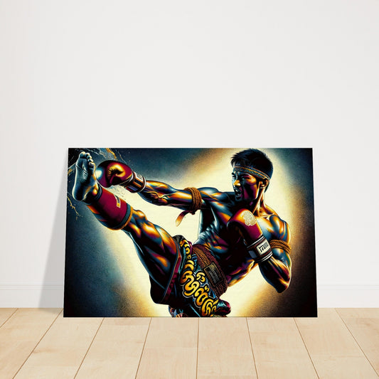 A martial artist in traditional attire delivers a powerful high kick, muscles and motion highlighted by dramatic lighting.