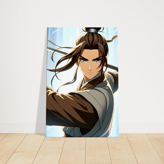 Anime-style warrior Hiro in martial arts attire, standing in a battle stance against a glowing celestial background.