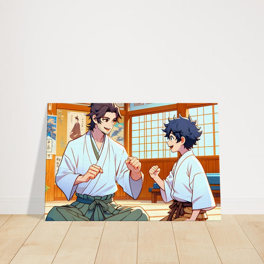 Anime characters Hiro and partner training together in a traditional wooden dojo with soft natural lighting.