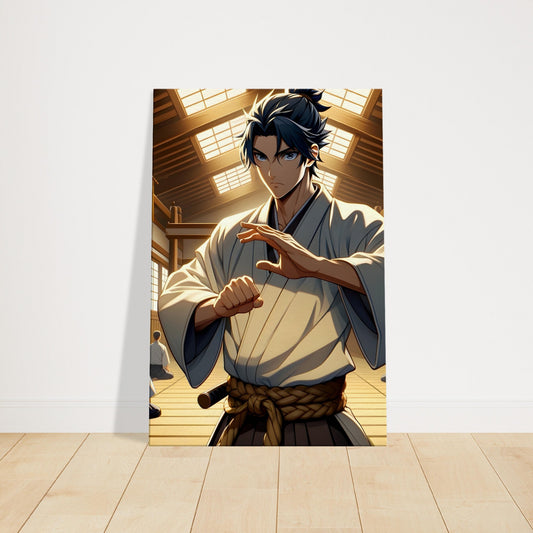 Anime character Hiro in traditional attire training inside a wooden martial arts dojo with serene lighting.
