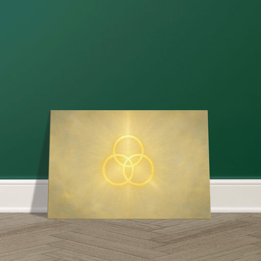Three interlocking golden circles glowing with radiant divine light against an ethereal background, 3:2 landscape on premium canvas print.