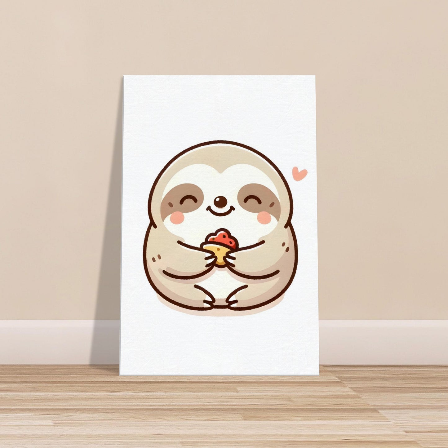 Canvas print of a cute cartoon sloth munching food with a big smile.