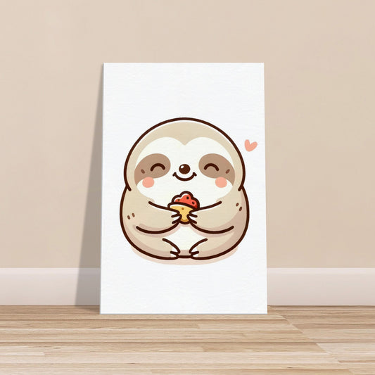 Canvas print of a cute cartoon sloth munching food with a big smile.