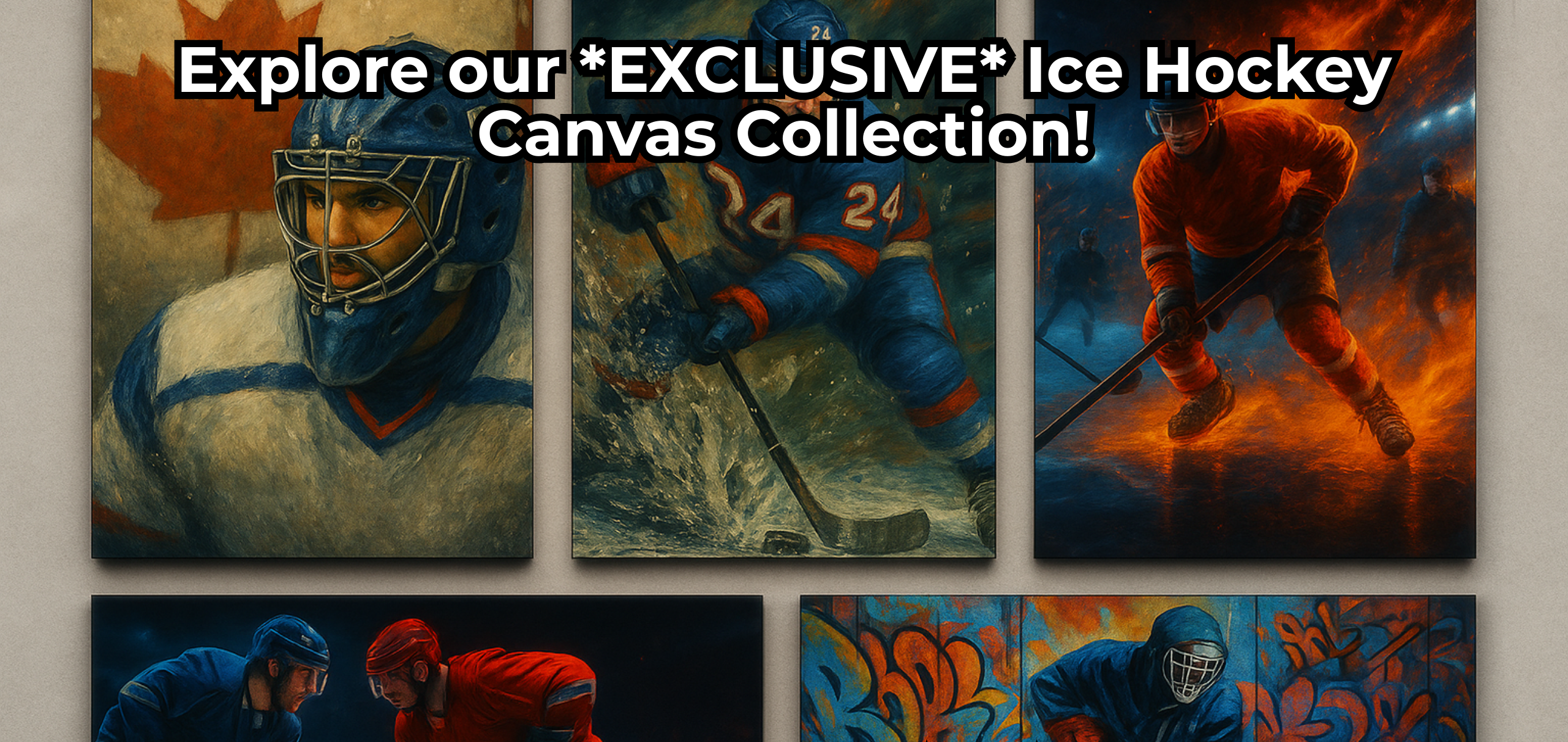 Promotional image for ice hockey canvas collection with player illustrations and text offer.