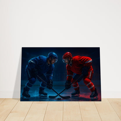 Two ice hockey players facing off at centre ice under arena lights.