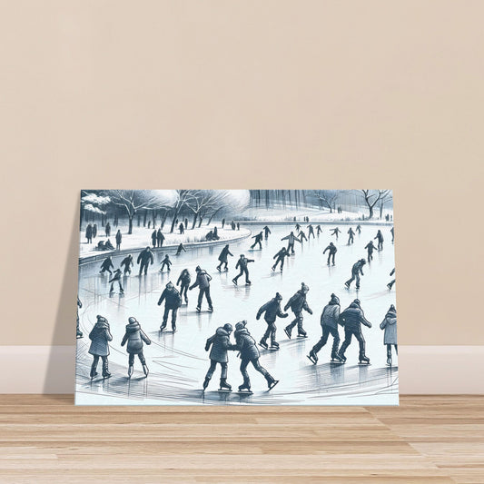 Canvas wall art of people ice-skating on a frozen lake in a peaceful winter landscape
