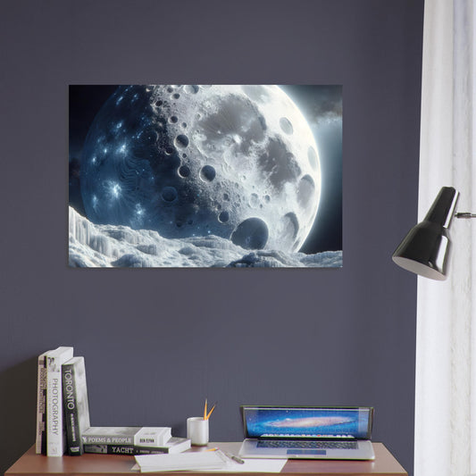 Metal poster showing a rugged icy moon with detailed craters and pale blue ice formations orbiting a distant planet against a dark cosmic background.