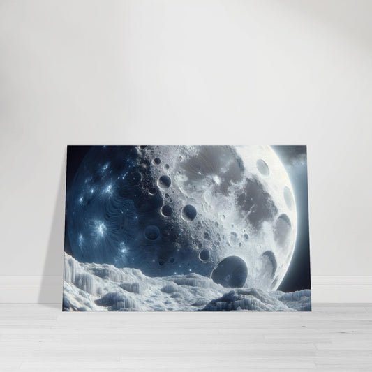 Canvas artwork of a pale blue and white icy moon with craters, orbiting a distant planet in space.