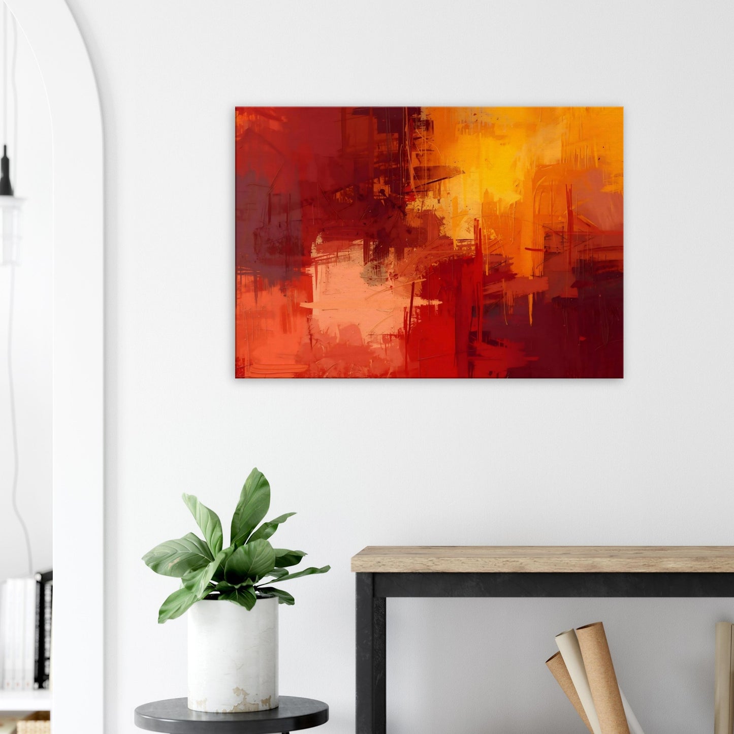 Warm abstract canvas horizon blend featuring scarlet, ember orange, and golden blurred tones.