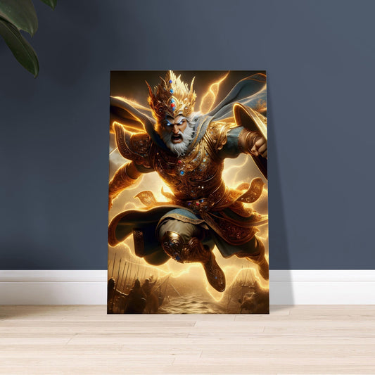 A Persian Immortal in glowing gold and royal blue armor leaps fiercely over a chaotic ancient battlefield.