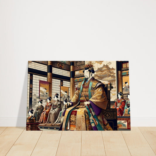 Japanese emperor or empress seated in ornate palace attire surrounded by courtiers and traditional interior elements.