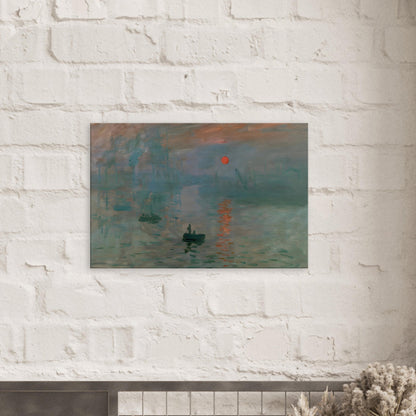 Canvas art reproduction of Claude Monet’s Impression, Sunrise, depicting a tranquil port scene with glowing sunlight, misty sea, and expressive brushwork.