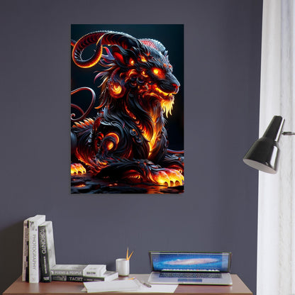 Metal poster of a Chimera with lion, goat, and serpent heads glowing in red and orange, standing in a lava-filled volcanic landscape.