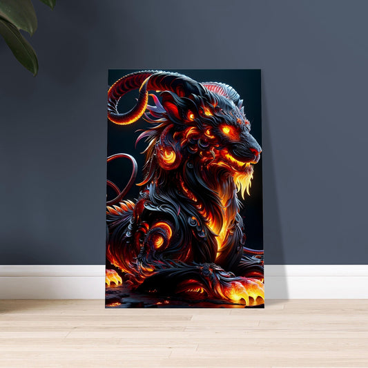 Artwork of a lion-goat-serpent chimera with glowing fiery colors and blazing yellow eyes in a dark volcanic landscape.