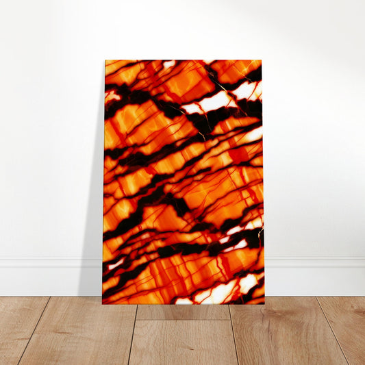 Fiery orange marble wall art with bold black and white veining and a polished finish for dramatic contrast and energy.