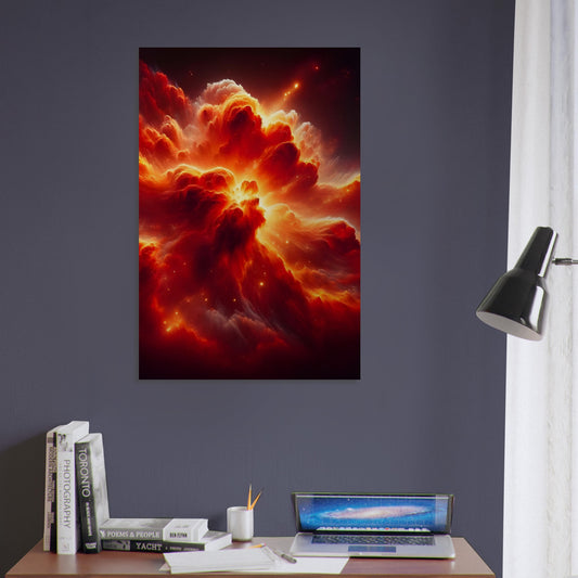 Metal poster of a fiery red and orange planetary nebula with vivid swirling gas and glowing cosmic energy.