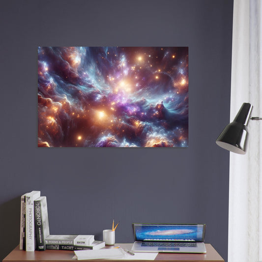 Metal poster featuring a glowing, mystical space nebula with swirling ethereal lights and vibrant, surreal colors across a vast cosmic expanse.