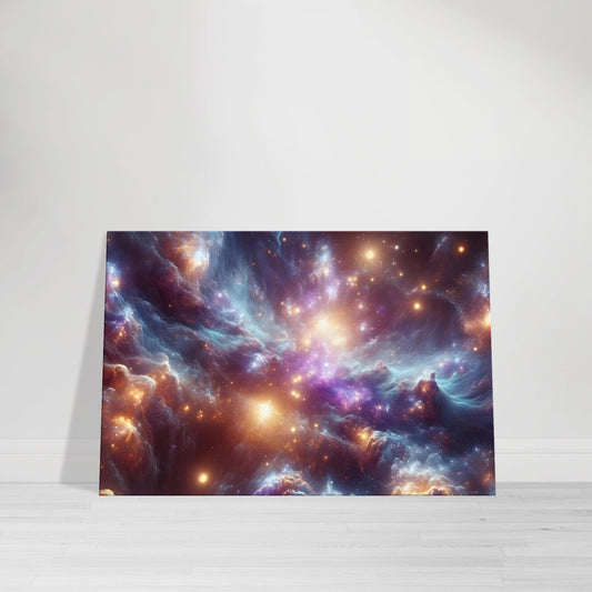 Canvas wall art of a mystical space nebula with glowing, surreal colors and celestial patterns.