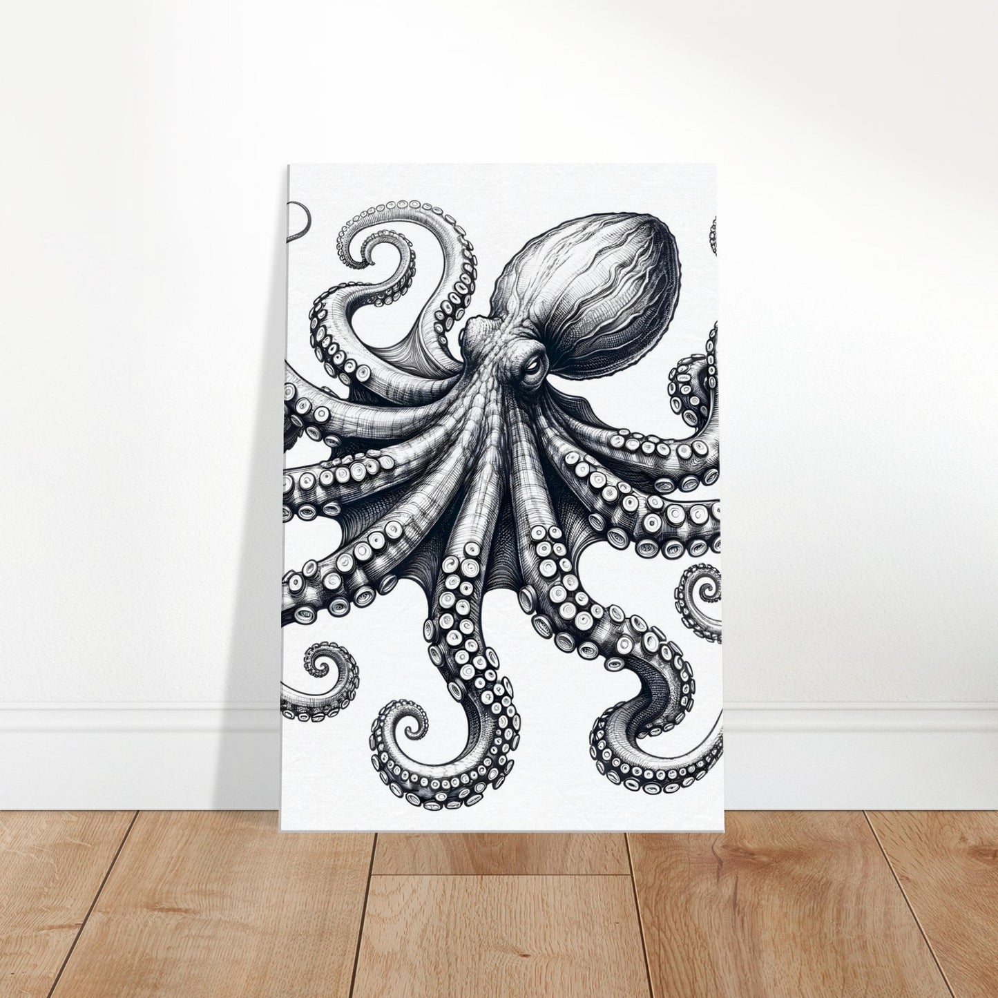 Sketch of an intelligent octopus with detailed suction cups and curious expression against a soft aquatic background.
