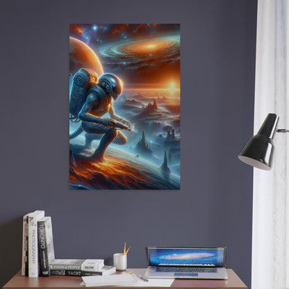 Metal poster of an alien explorer on an uncharted planet with advanced gear, exotic terrain, and a cosmic background of stars and galaxies.