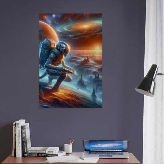 Metal poster of an alien explorer on an uncharted planet with advanced gear, exotic terrain, and a cosmic background of stars and galaxies.