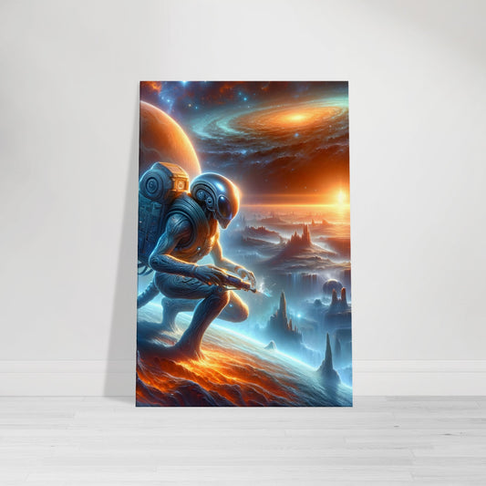 Alien explorer on a distant planet with stars and galaxies in the background.
