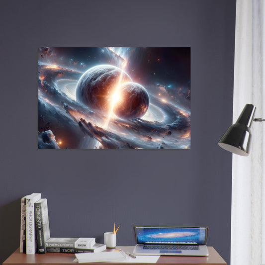 Metal poster showing a dramatic collision between two massive planets or stars with bright luminescent colors amid a deep space backdrop of galaxies and nebulae.